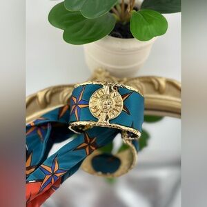 ☀️ Scarf Cuff Bracelet with Sun Medallion – Gold & Teal Statement ☀️
